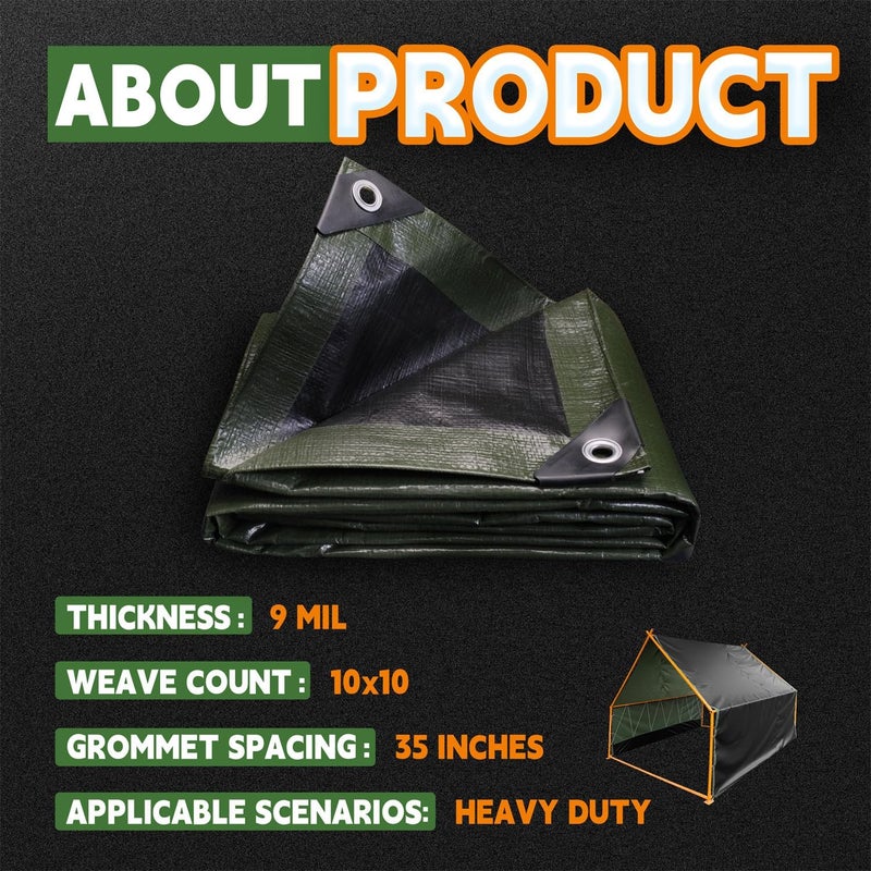 RAINDEWAY Tarps 14x20 Feet,Tarp Waterproof,9Mil Thick Finished Size, Multipurpose Poly Tarp Cover with Metal Grommets and Reinforced Edges,Green/Black Tarpaulin - Image 5